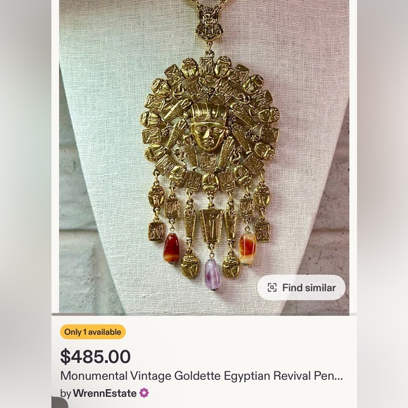 GOLDETTE Signed 1960s Egyptian Revival Pendant Necklace w/Agate Gemstone Tassels - Picture 15 of 15